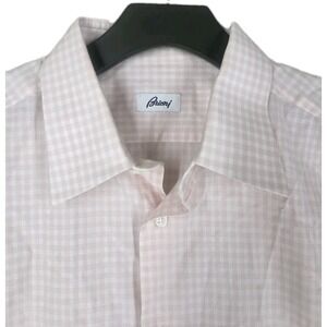 Brioni Dress Shirt French Cuffs Mens 42 16.5 White Pink Grid Check Italy LS READ
